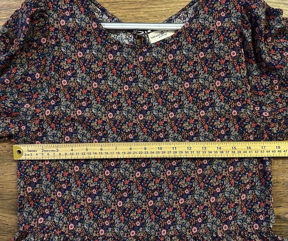 Natural Life Floral Rayon Dress Medium Navy Pink Boho Peasant 3/4 Sleeve Mini - Picture 5 of 8